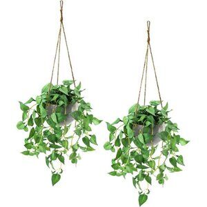 Fake Hanging Plants with Pots, 2 Pack Artificial Faux Anthurium Leaf Hanging